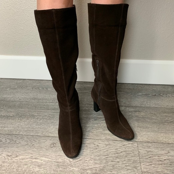 VINTAGE Apostrophe knee high leather boots Sz 7 brown soft suede stacked heel - Picture 4 of 15